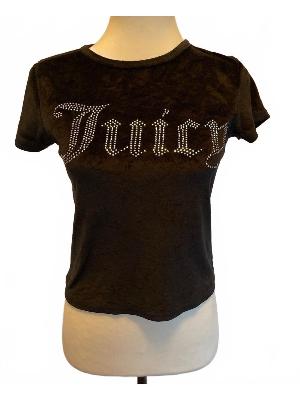 Juicy Couture Black Crushed Velour Rhinestone Baby Tee S Y2K McBling Blingcore